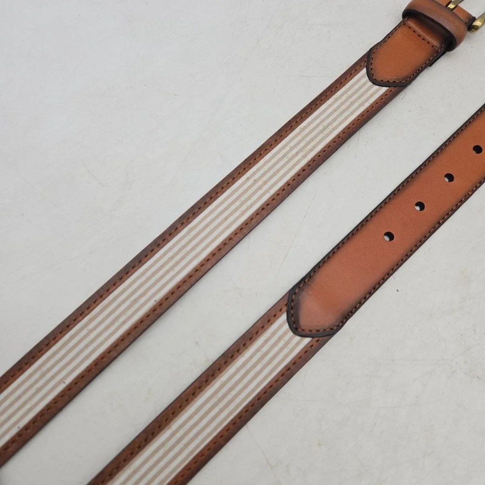 Structure Belt Brown Leather Striped Fabric Mens 36 Brass Buckle NWOT